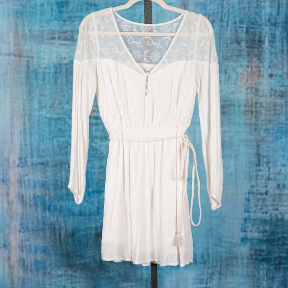 Abercrombie Fitch Boho Beachy Mini Dress Sheer Lace Neckline SMALL Cream Gauzy - Picture 1 of 5